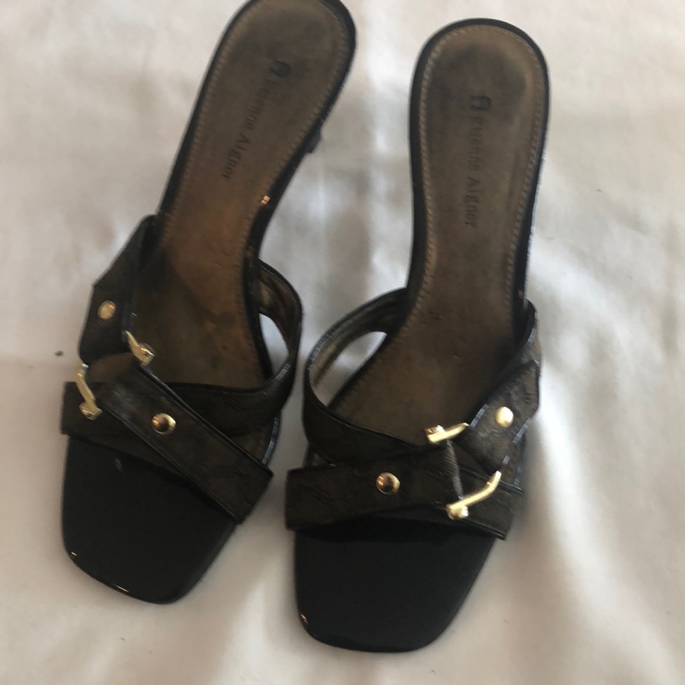 Etienne Aigner brown patent leather slip on heels